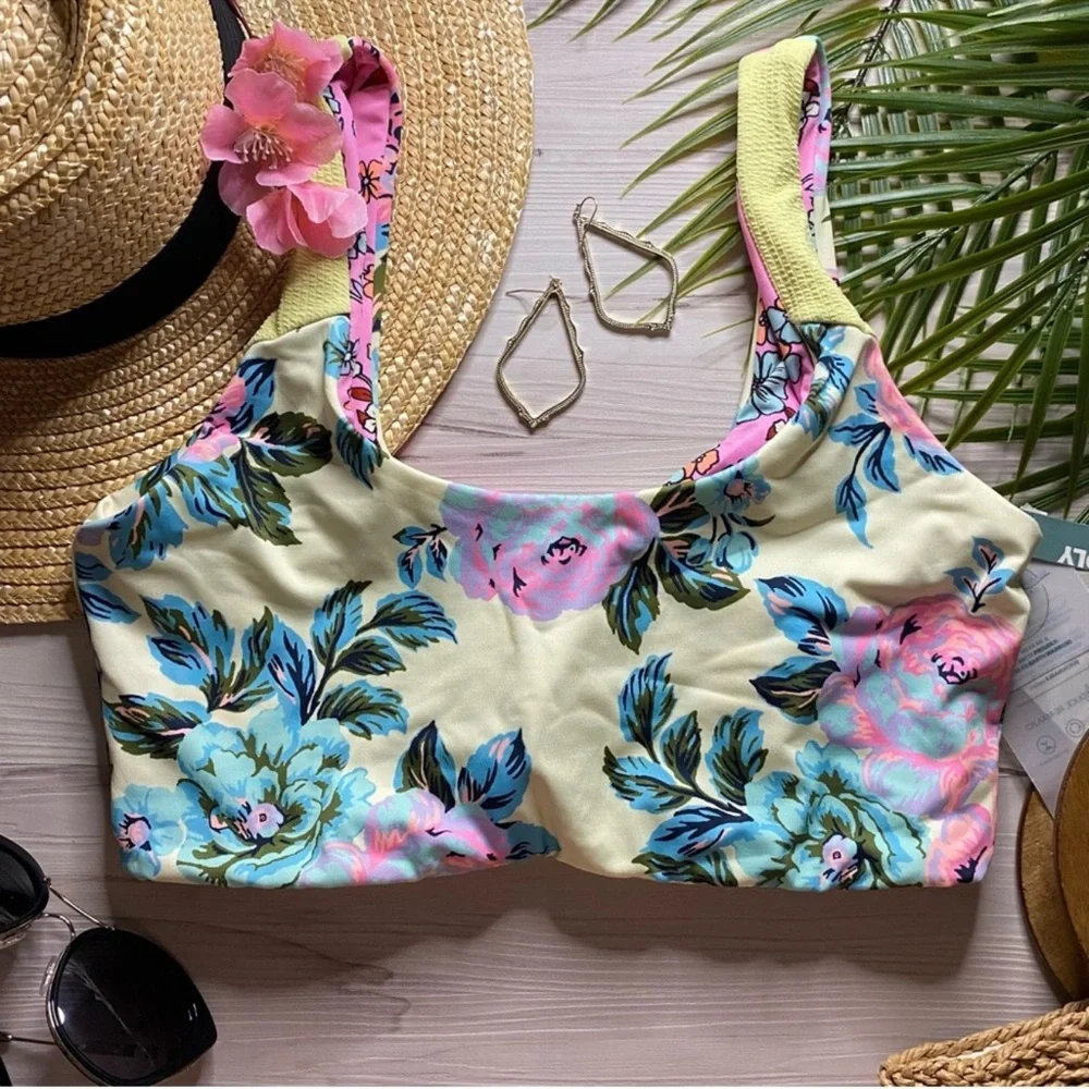 Maaji Floral Bikini Top in Cream and Blue
